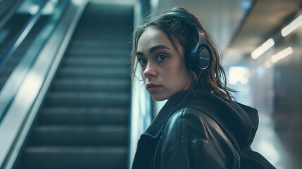 Fototapeta na wymiar A young woman with headphones turns around on an escalator.