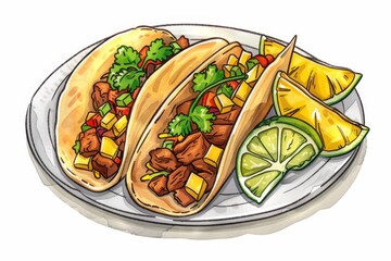 An appetizing illustration of a colorful plate of tacos al pastor topped with pineapple slices, showcasing a delicious Mexican dish with a sweet and savory flavor profile.