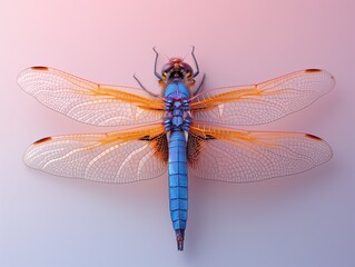 close-up of a dragonfly, exotic dragonfly on a pastel gradient background with copy space