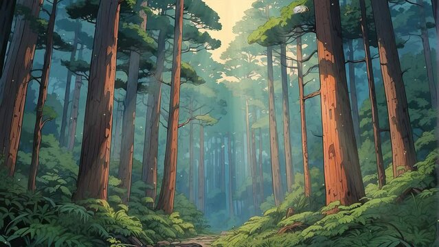 Immersive 4k video footage loop showcasing the lush greenery and towering trees of a forest bathed in daylight, providing a mesmerizing natural spectacle.