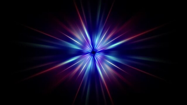Abstract loop rotating vivid glow colorful neon graphic radial light emitted from the center star rotation on black background. 4K 3D fractal radiant star with colored rays seamless loop infinite back