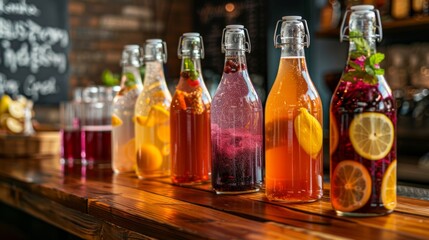 A row of colorful bottles filled with various herbal and fruit combinations to make the 