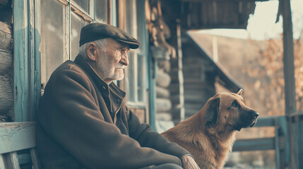 A senior man and his loyal dog sit contemplatively on a porch. - obrazy, fototapety, plakaty