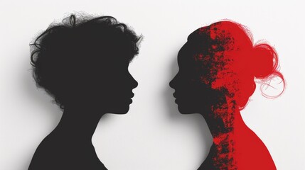 Two silhouettes of two women with red and black hair, AI
