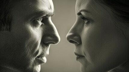 A man and woman looking at each other with a black background, AI