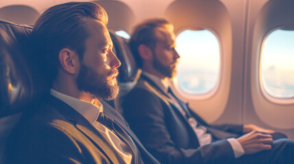 Two businessmen in suits seated on an airplane in flight.
