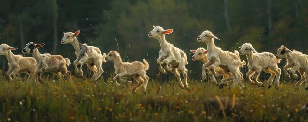 herd of white goats captured in motion as they run across a vibrant green pasture under the sunlight - obrazy, fototapety, plakaty