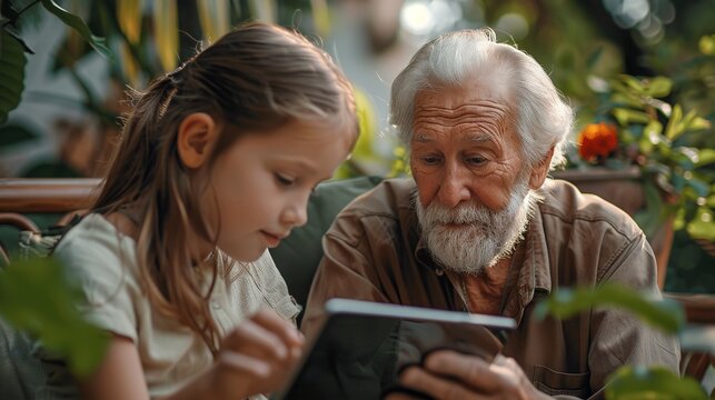 A small child girl, sitting with his grandpa in their home garden, depicts something over a tablet technology acknowledging and space, Generative AI.