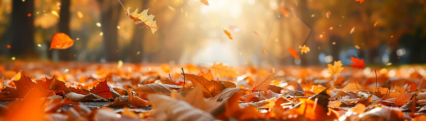 Radiant orange leaves in focus, dazzling sunlight through a blurred park scene, essence of autumn captured - obrazy, fototapety, plakaty