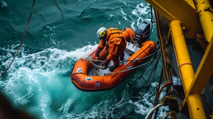 Fototapeta premium View of merchant ships rescue boat secured on the boat deck