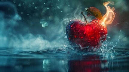 A red apple with a flame on it is in water, AI - 772227286