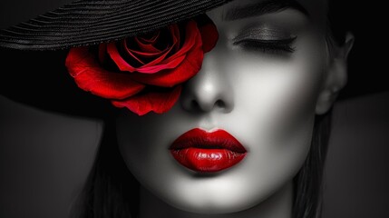 A woman with a hat and red rose on her face, AI - 772227288