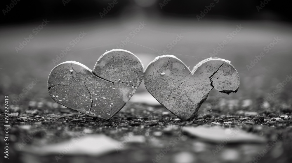 Wall mural Two broken hearts sitting on the ground in a black and white photo, AI