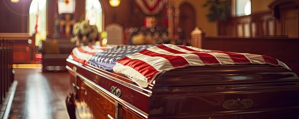 Naklejka premium American flag draped a coffin at military funeral inside a church, representing honor and sacrifice