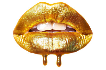 Golden lips with gold drops isolated on transparent background