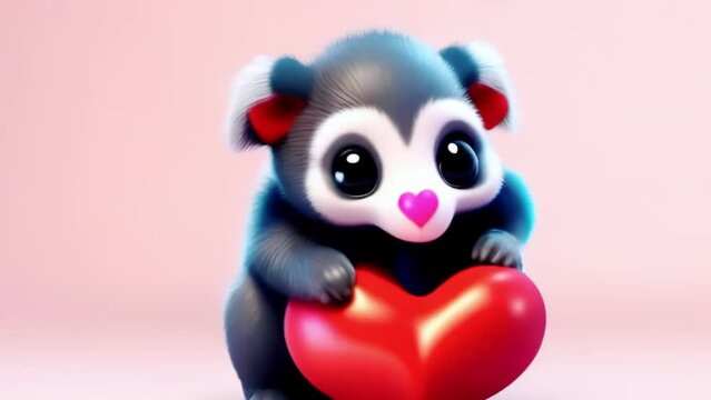 cute fluffy toy animal with red heart in paws dancing, st valentine's day, congratulations, Generative AI,