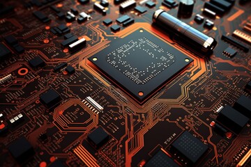 A high-resolution image of a computer's printed circuit board, highlighting numerous parts and a central processor. Created with generative AI tools