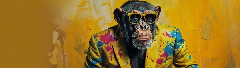 A charismatic chimpanzee dressed in a vibrant yellow suit with paint splatters - obrazy, fototapety, plakaty