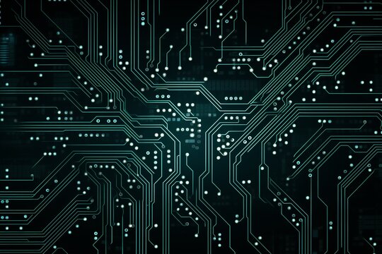 This circuit board background boasts a sophisticated design with gold and copper lines, contributing to its futuristic allure against a dark background. Created with generative AI tools