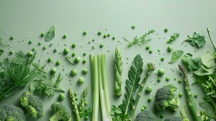 A fresh and vibrant collection of green vegetables and legumes artfully arranged on a clean background - obrazy, fototapety, plakaty