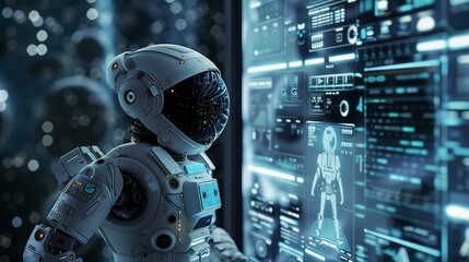 A futuristic astronaut robot stands before a complex digital interface