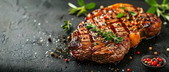A gourmet cooked steak garnished with herbs and spices - obrazy, fototapety, plakaty