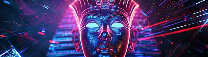A Futuristic concept art of a neon Egyptian pharaoh with a digital holographic texture.
