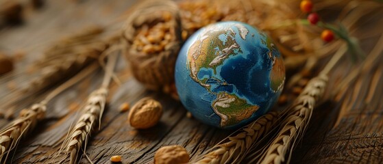 A miniature globe rests on a wooden surface surrounded by wheat sheaves and grains symbolizing global agriculture. - obrazy, fototapety, plakaty