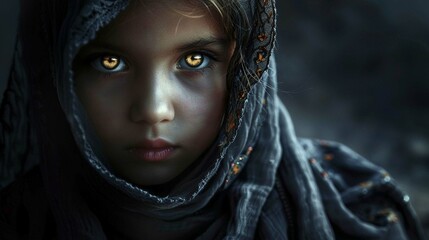 A mysterious child covered in a shawl with strikingly captivating eyes that shine in darkness.