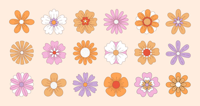 Collection of groovy hippie flowers in retro 1970s style. Vintage hand drawn funky flowers. Vector illustration