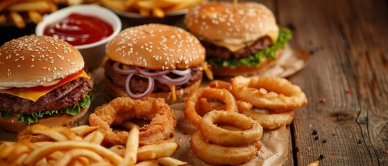 A tempting spread of classic fast food items including burgers fries