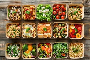 A Variety of healthy meals packed in takeout boxes arranged on a wooden table