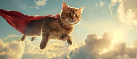 A whimsical image of a flying ginger cat wearing a red superhero cape against a cloudy sky. - obrazy, fototapety, plakaty