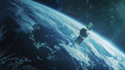 Satellite technology concept.
A 3D illustration with an artificial satellite in orbit around the Earth.
