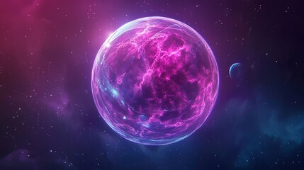 Fototapeta premium Neon-colored ball of light floating in space, created digitally.