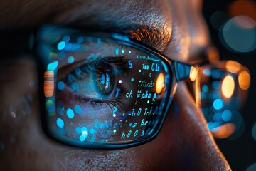 A software male developer wears spectacles and looks at programming code data, synthesizing reflecting on his face software and space, Generative AI. - obrazy, fototapety, plakaty