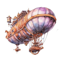 Fototapeta na wymiar Watercolor steampunk airship soaring through the sky isolated on the transparent background