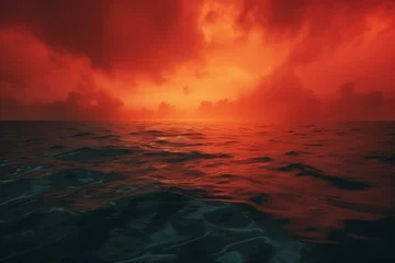 Store enrouleur Rouge 2 Vast Red dawn sea. Dusk coast horizon. Generate Ai
