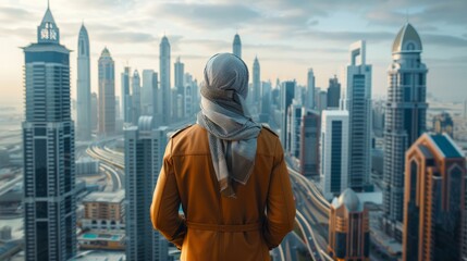 Rear View Of A Arabic Man Standing In Front Of Business Bay and skyscrapers - obrazy, fototapety, plakaty