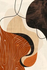 an abstract composition of shapes in the style of black and white line drawing, brown tones, beige background, simple lines