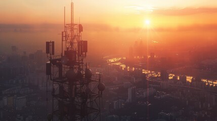 Sunrise Cityscape with Telecommunication Tower
 - obrazy, fototapety, plakaty