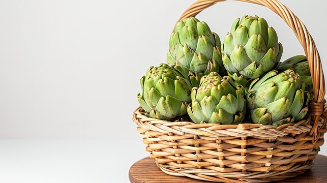 A wooden board with a white backdrop and a basket filled with pure green artichokes depicting organic garden greens veggies and space, Generative AI.