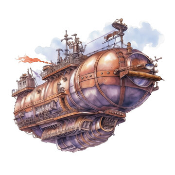 Watercolor steampunk airship soaring through the sky isolated on the transparent background