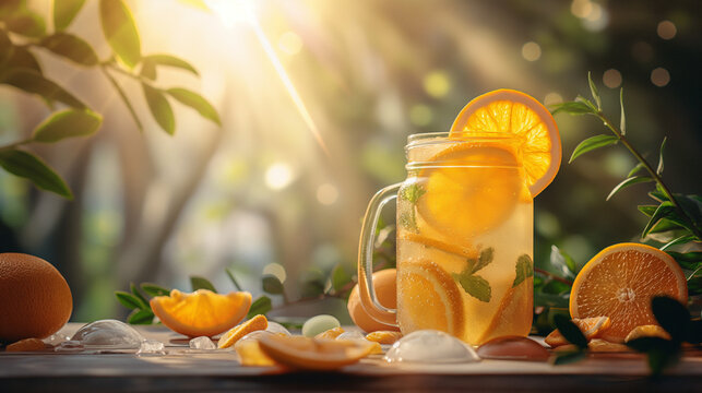 Close up of orange lemonade, served in a mason jar with delicious orange slices, placed on a wooden background, with some pieces of ice, sun rays in the background.
