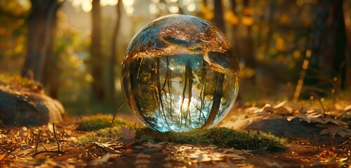 A glass lens ball nestled among lush trees, reflecting the serene beauty of the forest. - Powered by Adobe