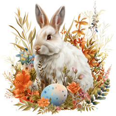 Rabbit with prominent and soft fur nestled among a vibrant assortment of spring flowers and foliage with a festive Easter celebration