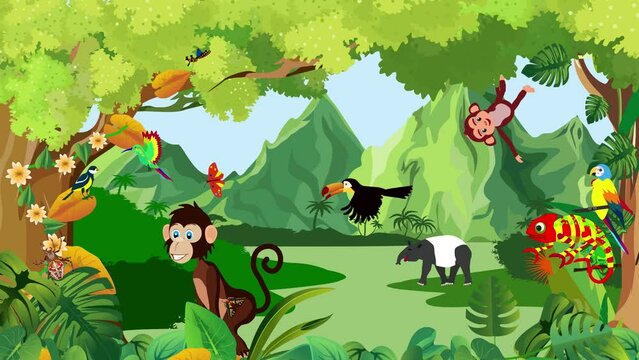 Cartoon animation of lungle scene with elephants monkeys and other animals 4k video