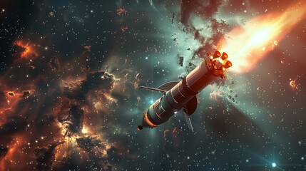 Spacecraft blasts into space on a mission. - obrazy, fototapety, plakaty