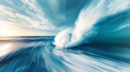 A large wave crashing into the ocean in a blurry photo, AI