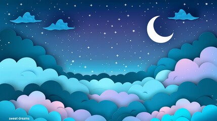 Starlit sky on a paper-cut background with clouds in shades of blue and violet. Perfect for a "goodnight, sweet dreams" card.